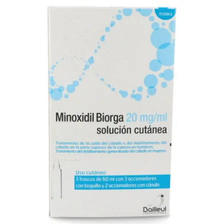 MINOXIDIL BIORGA 20 MG/ML SOLUCION CUTANEA 3 FRASCOS 60 ML 3 ACCIONADORES DE BOQUILLA Y 2 ACCI