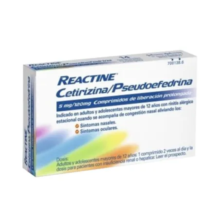 REACTINE CETIRIZINA/PSEUDOEFEDRINA 5/120 MG 14 COMPRIMIDOS LIBERACION PROLONGADA